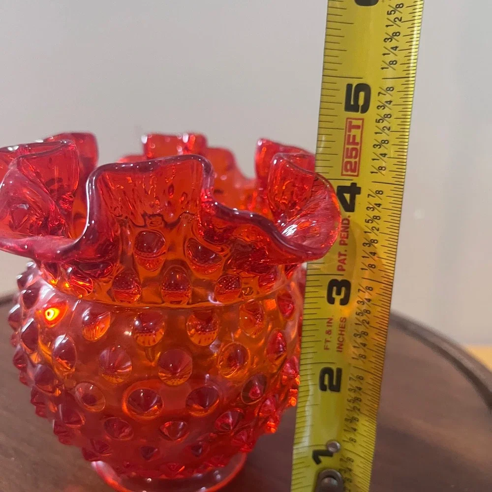 Vtg Fenton Red Orange Hobnail Glass Ruffled‎ Rose Bowl Vase Mid Century Modern